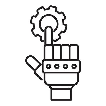 Robotic hand touching gear, artificial intelligence and automation 库存插图