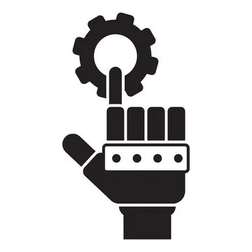 Robotic hand touching gear setting icon showing automation and technology Stock Illustration