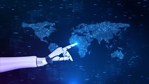 Robotic Hand Touching Global Data Map Advanced digital world map interface data 스톡 동영상 342782091