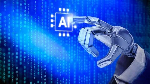 Robotic hand touching a glowing AI chip icon on a blue binary code backgrou.. Stock Photos