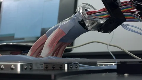 Robotic hand touching plain and zif-zag surface Stock Footage 93577099