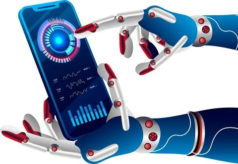 Robotic hand is touching a virtual space display on mobile, Future concept .. Stock Illustration