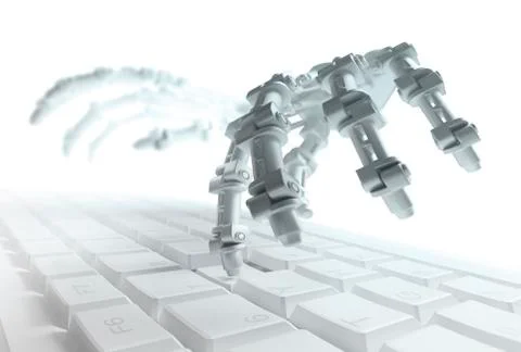 Robotic hand typing on a computer keyboard Stock Illustration