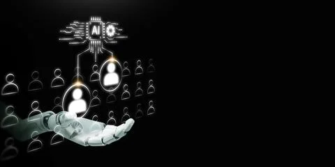 A robotic hand uses it system to select human icons from a crowd. Advanced .. イラスト素材