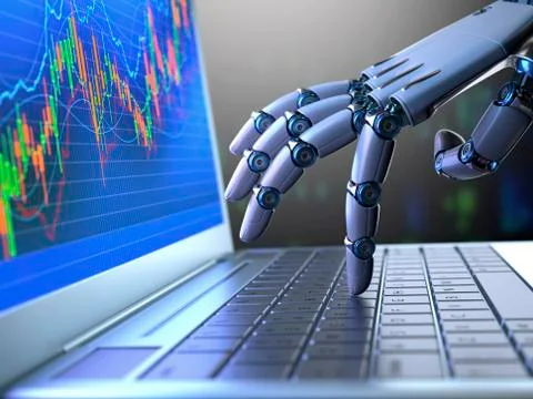 Robotic hand using laptop, illustration Illustrazione stock