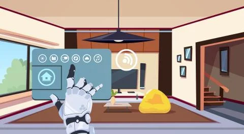 Robotic Hand Using Smart Home App Of Control System Over Living Room Background イラスト素材