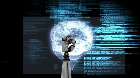 Robotic hands and a brain with program codes Stock Footage 110726566