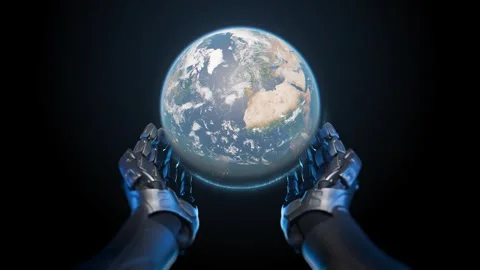 A robotic hands cradles a globe, symbolizing tech progress and care Stock Footage 283301673