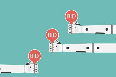 Robotic hands holding auction bid paddles future artificial intelligence Stock Illustration