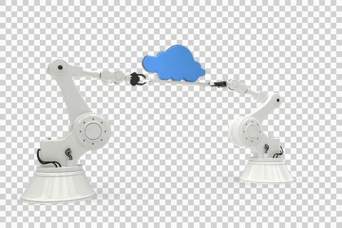 Robotic hands holding blue cloud on white background Stock Photos