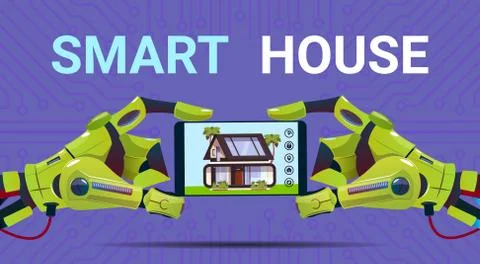 Robotic Hands Holding Digital Tablet With Smart House Monitoring Interface Stock Illustration