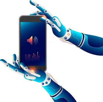 Robotic hands holding a mobile which displays speaker and volume ai icon fo.. Stock Illustration