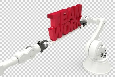 Robotic hands holding red team work text against white background Stock Photos
