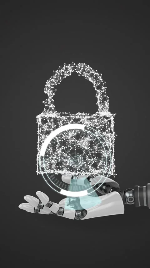 Robotic hands holding a virtual lock and shield with 5G in circles 4k Stockbeeldmateriaal 342097419