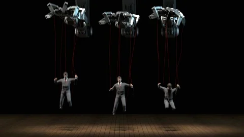 Robotic hands manipulate human puppets. Businessmen led by robot hands. AI. Stock Footage 201168860