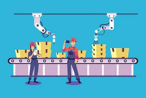 Robotic hands packing boxes on smart factory conveyor, isolated flat vector Stock Illustration