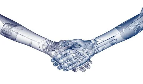 Robotic hands shaking symbolizing artificial intelligence collaboration Stock Illustration