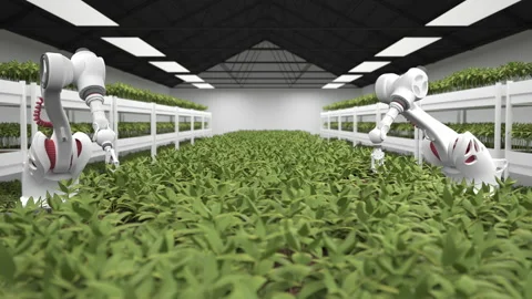 Robotic hands take care of fresh, young, green plants in a huge, modern greenhou Stock Footage 168733745