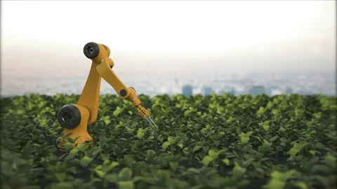 Robotic hands take care of fresh, young, green plants. Artificial intelligence i Video stock 236807301
