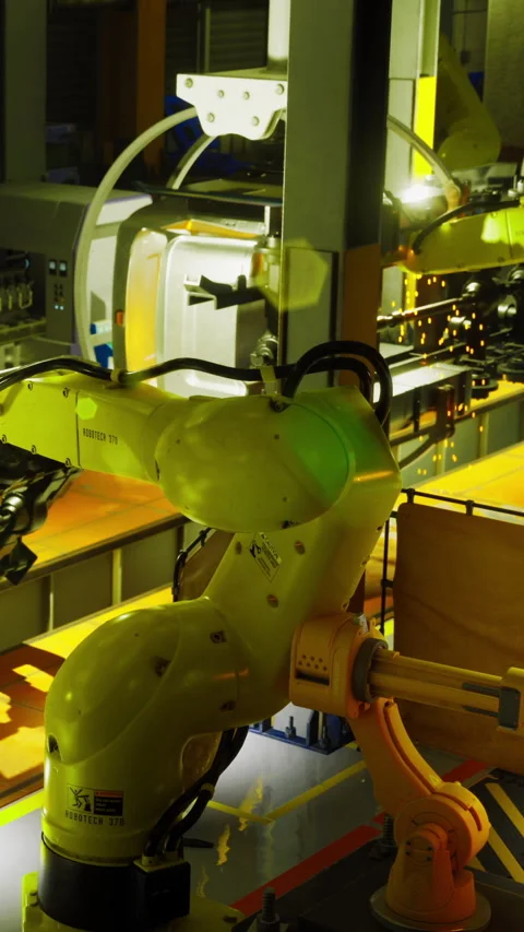 Robotic hands at work in a vibrant factory setting during evening hours Stock Footage 331833818