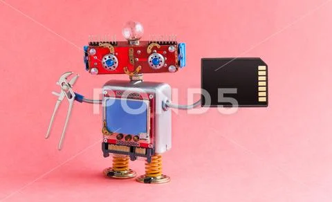 Robotic handyman electrician red head, blue monitor body, light bulb, pliers Stock Photos