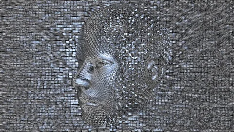 Robotic head made of metallic chrome cubes. 3d animation Stock-Footage 127573823