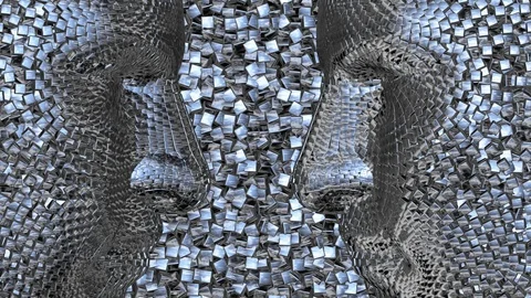 Robotic head made of metallic chrome cubes. 3d animation Stock Footage 127574151