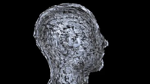Robotic head made of metallic chrome cubes , boxes . 3d animation Stock Footage 127574195