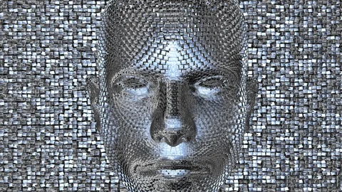 Robotic head made of shiny  chrome cubes.  Weeping Machine . 3d animation Video stock 127843020