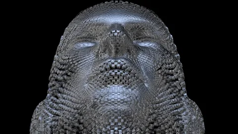 Robotic head ,  metallic face made of shiny chrome cubes . 3d animation Stock Footage 127573728