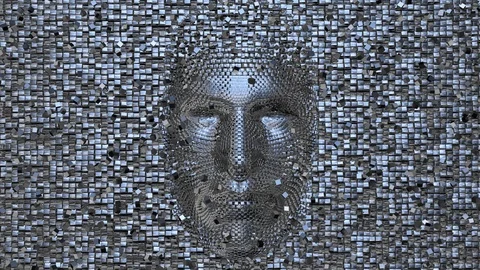 Robotic head surrounded by cubes. Movement Infront of face Stock-Footage 86030420