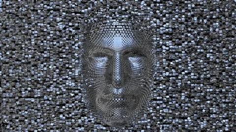 Robotic head surrounded by cubes.Movement Behind face Stock-Footage 86030309