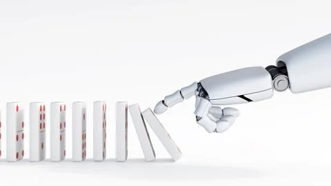 A robotic index finger topples the first piece in a long row of dominoes Stock Illustration