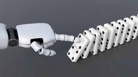 A robotic index finger topples the first piece in a long row of dominoes Stock Illustration
