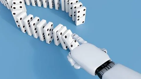 A robotic index finger topples the first piece in a long row of dominoes Stock Illustration