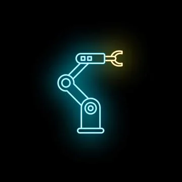 Robotic industrial arm processing data as neon icon Stock Illustration