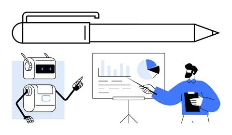 Robotic Interaction, Presentation with Charts, Giant Pen for Innovations Illustrazione stock