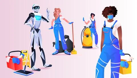 Robotic janitor with mix race women cleaners standing together cleaning service Stock Illustration