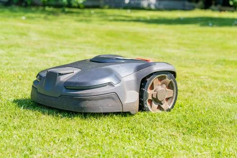 Robotic lawn mower automatically cutting grass on green lawn in sunny backyard Stock Photos
