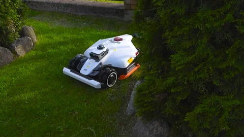 Robotic Lawn Mower Autonomously Cutting Grass in a Backyard Garden Video stock 339810081