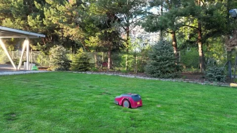 A robotic lawn mower cutting grass autonomously on a well-maintained lawn. Stock Footage 307286916