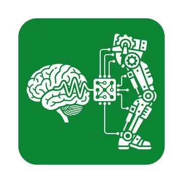 Robotic leg prosthesis connected to human brain on green square background .. Stockillustratie