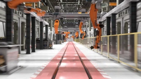 Robotic line at the futuristic factory Stock Footage