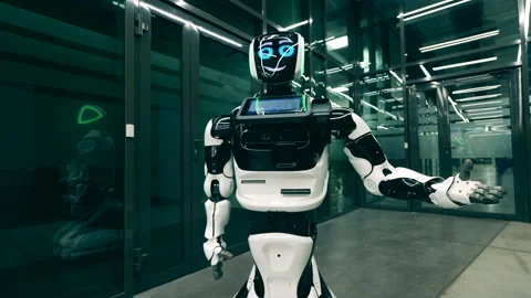 Robotic machine, robot, cyborg is moving its hands while smiling Stock Footage 145834183