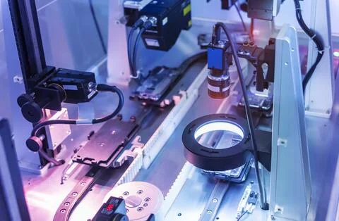 Robotic machine vision system in phone factory Stock Photos