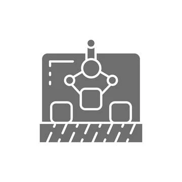 Robotic manipulator on conveyor, production grey icon. Illustrazione stock