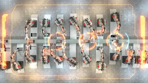 Robotic manipulators are assemble 3d printers on conveyor belt. Info Graphics Stock Illustration