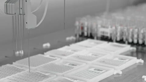 Robotic medicine, automatic analysis of biological samples, medical research Stock Footage 148057192