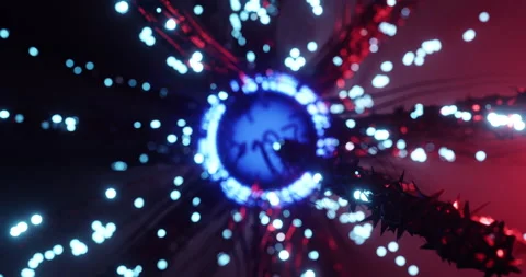 Robotic molecule with shiny nucleus, metallic structures and cables Stock Footage 197454959