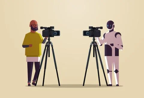 Robotic operator with cameraman using video camera on tripod robot vs human s Illustrazione stock